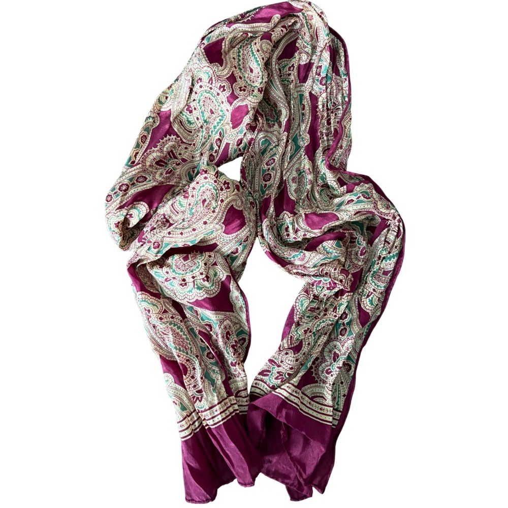 Echo 100% Silk Paisley Scarf Purple Green Boho Vintage Luxury